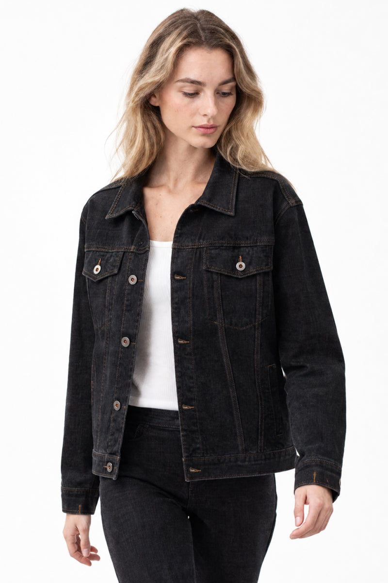 Women's Fall Vintage Classic Raw Black Denim Jacket