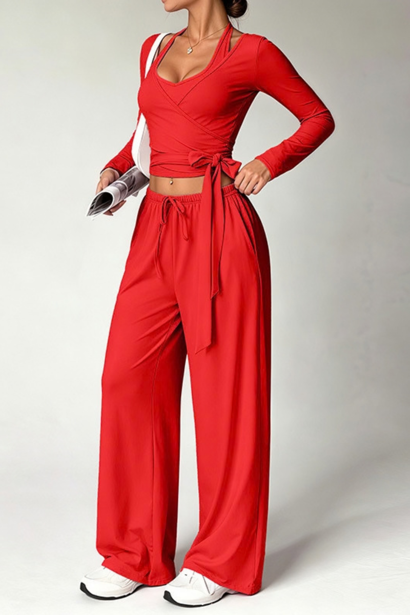 Women Fall Set:Tank Top & Wrap Tie Long Sleeve Top & Pants