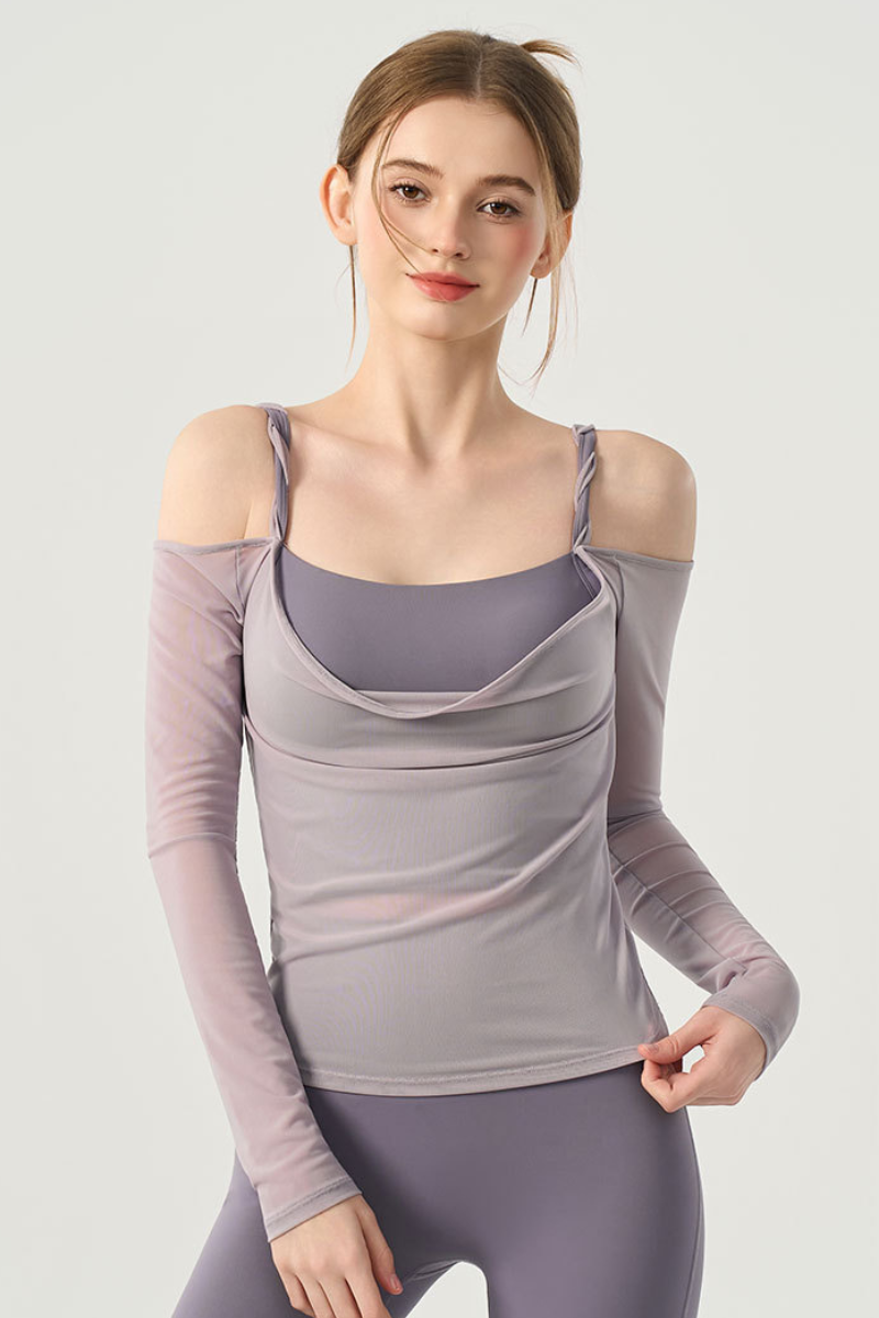 Women’s Twist Strap  Sheer Off-Shoulder Padded Yoga Top