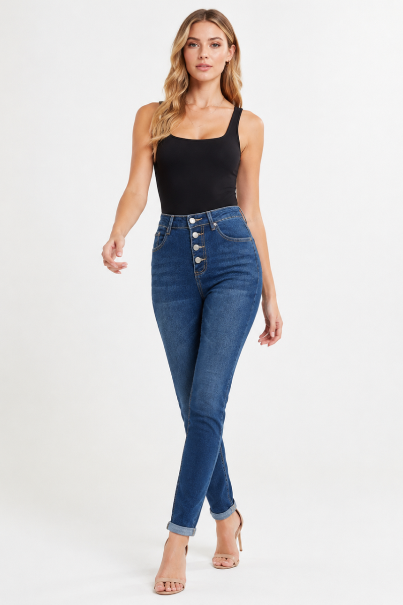 Women's High Waist Stretch Button Fly Skinny Jeans