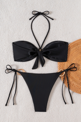 Women's Halter Solid Strapless Side Tie Sexy Bikini Set