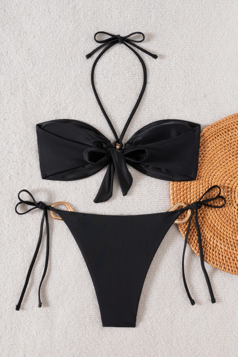 Women's Halter Solid Strapless Side Tie Sexy Bikini Set