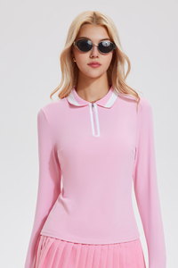 Women's Color-Block Polo Long-Sleeve Top
