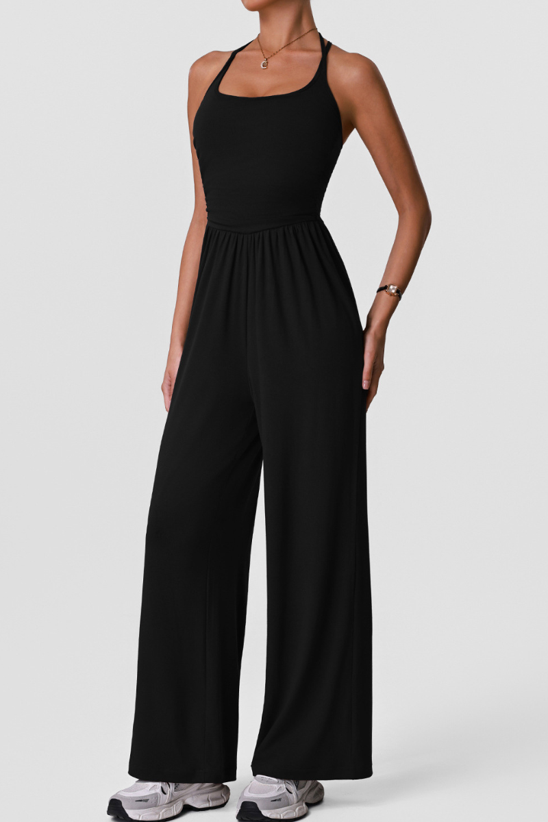 Women's Sports Halter Cross Back Wide Leg Yoga Jumpsuit