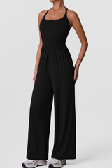 Women's Sports Halter Cross Back Wide Leg Yoga Jumpsuit