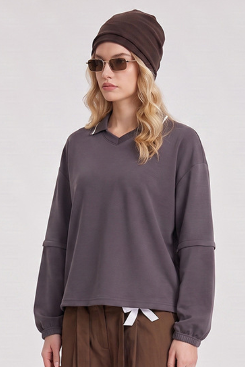 Women's Fall V-Neck Polo Collar Detachable-Sleeve Sweatshirt