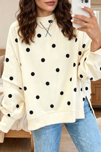 Women's Fall/Winter Polka Dot Side Slit Hem Print Oversized Pullover