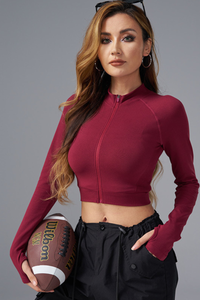 Women's Athletic Finger Cuffs Stand Collar Cropped Jacket