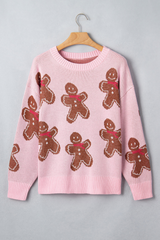 Women's Winter Christmas Pink Gingerbread Man Knit Sweater