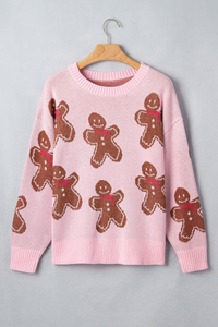 Women's Winter Christmas Pink Gingerbread Man Knit Sweater