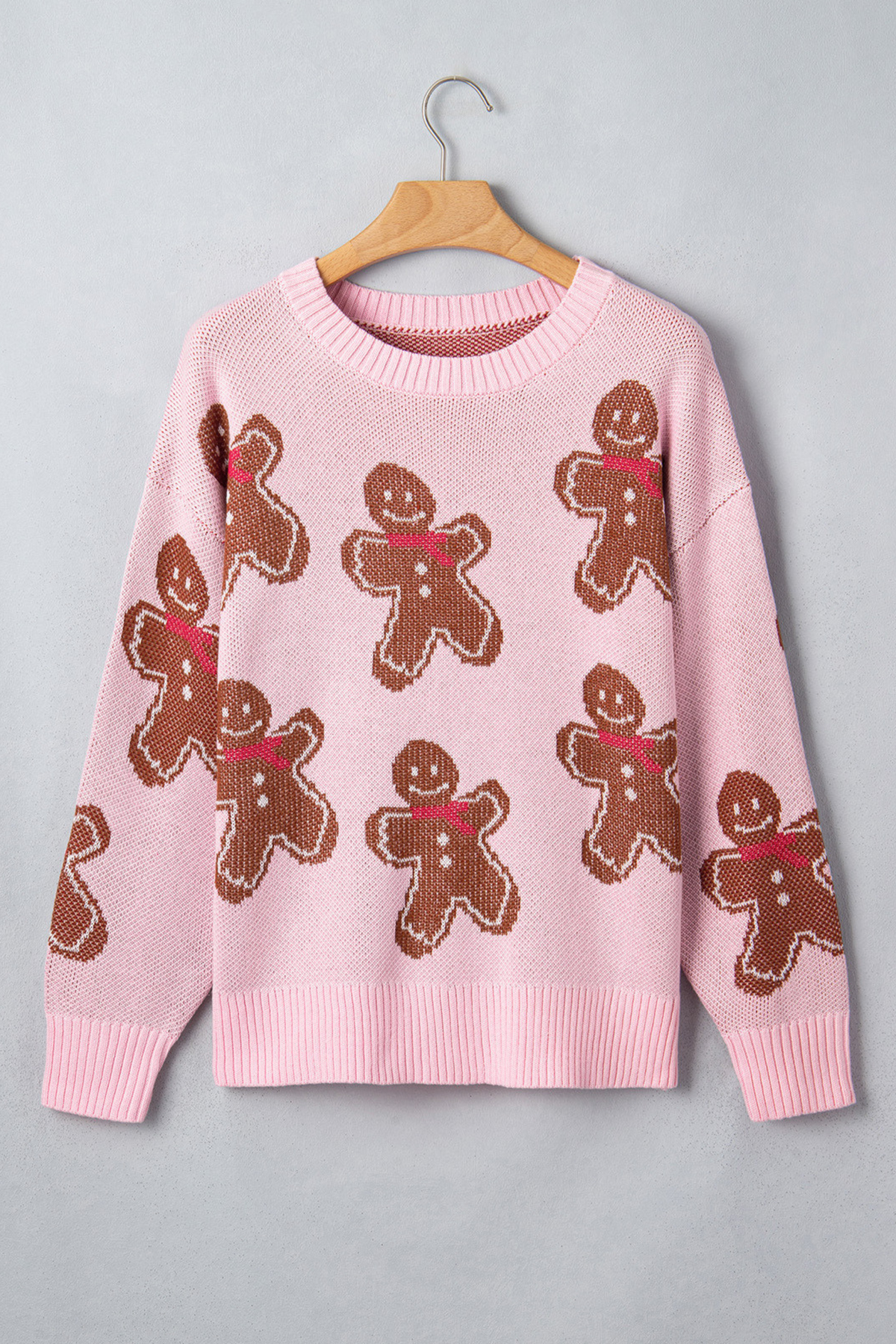 Women's Winter Christmas Pink Gingerbread Man Knit Sweater