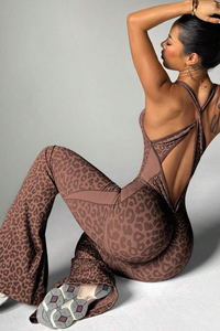 Women's Seamless Leopard Print Crisscross Back Jumpsuit