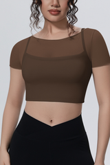 Women's Summer Athletic Mesh Stitched Mock Two-Piece Tee