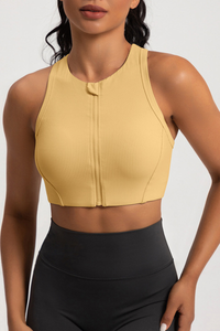 Women's Ribbed Front Zipper Racerback High Impact Sports Bra