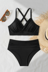 Women's V-Neck Cross Back High Waist Ruched Solid Bikini