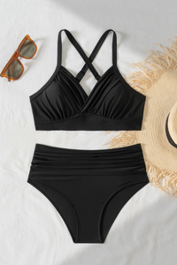 Women's V-Neck Cross Back High Waist Ruched Solid Bikini
