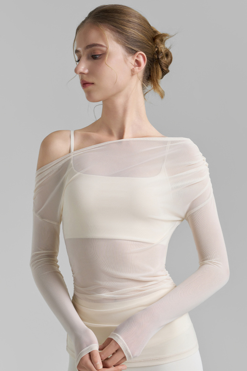 Women's Retro Asymmetric Ruched Mesh Top And Bra Sets