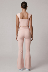 Women's Cropped Top And Pleated Waist Flare Pants Yoga Set