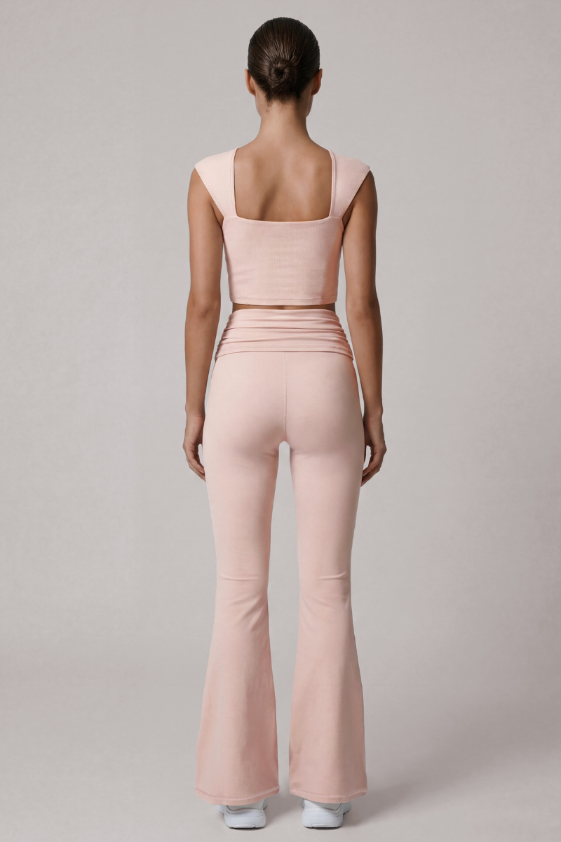 Women's Cropped Top And Pleated Waist Flare Pants Yoga Set