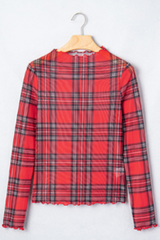 Women's Christmas Red Plaid Sheer Mesh Mock Neck Top