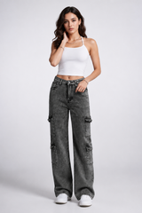 Women's High Waist Cargo Straight Jeans