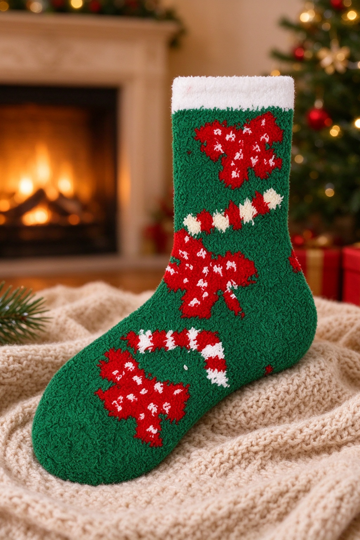 Women's Christmas Coral Fleece Socks Cute Santa Tree Striped