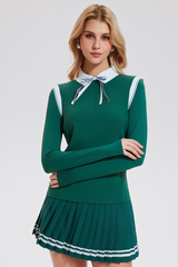 Women's Color-Block Set:Polo Collar Top & Pleat Mini Skirt