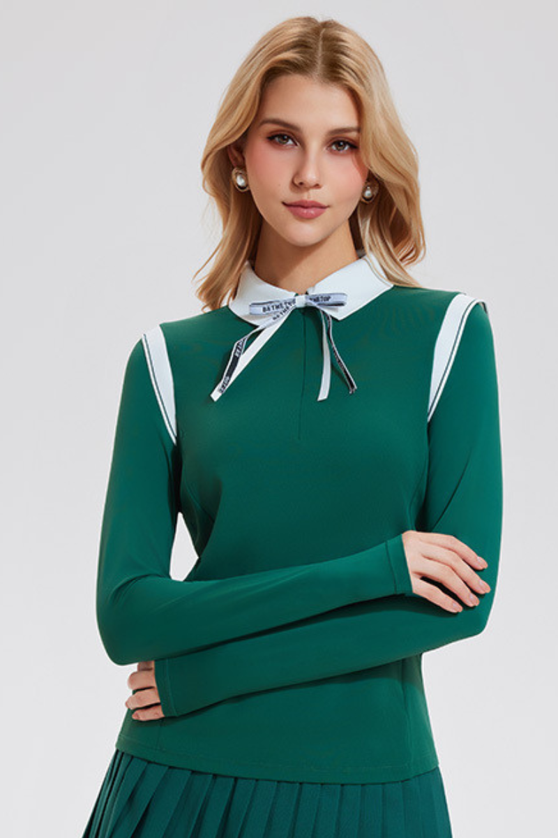 Women's Athletic Color Block Polo Collar Long-Sleeved Top