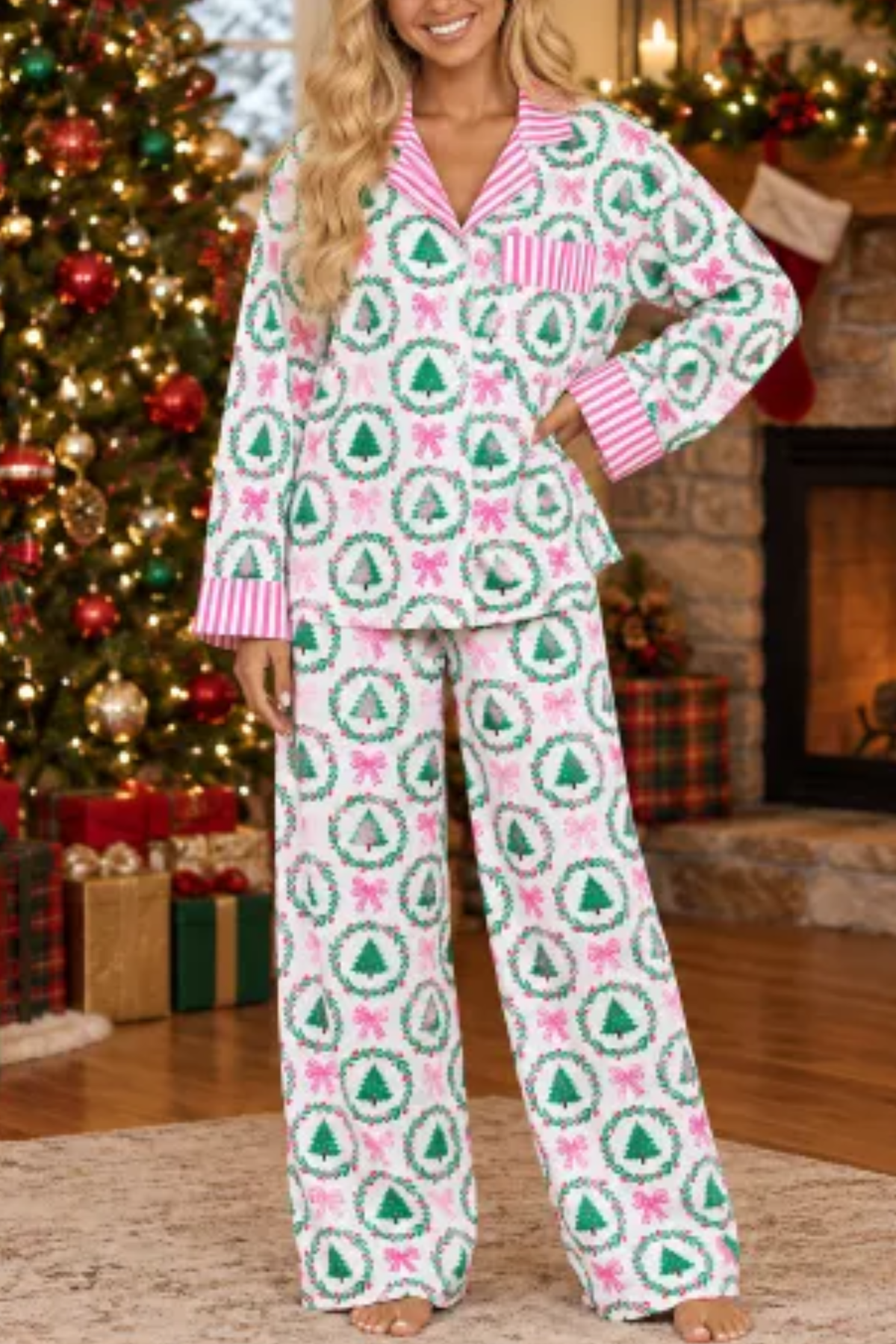 Women's Christmas Tree Printed Christmas Pajama Set