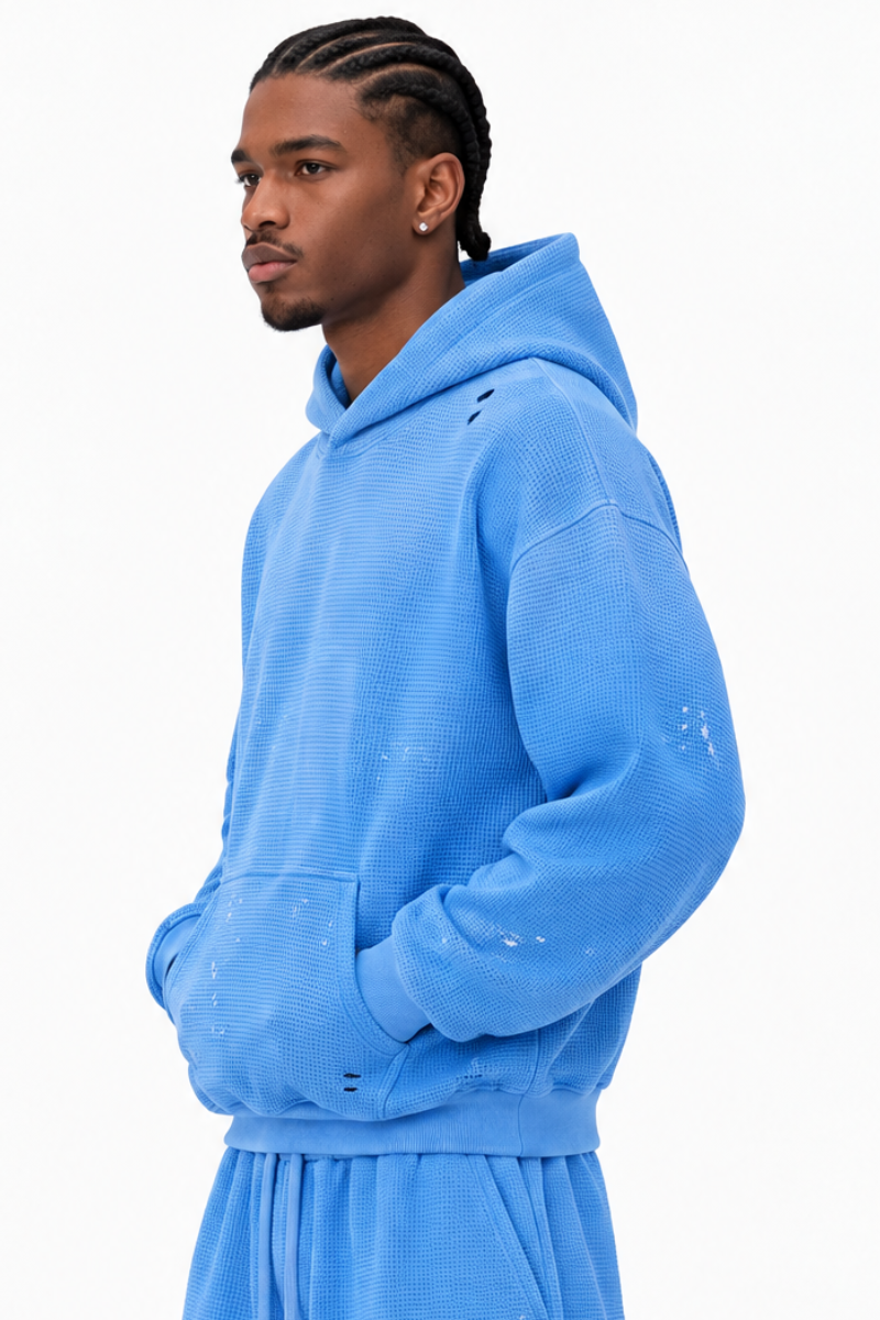 Men's Streetwear Washed Paint Splatter Waffle Hoodie