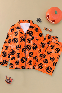 Women's Fall Halloween Pumpkin Spider Web Print Pajama Set