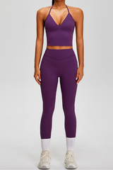 Women's Athletic Sets:Halter V-neck Tank Top And Leggings