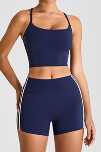 Women's Set:Cross Back Bra & Side Color-Blocked Stripe Short