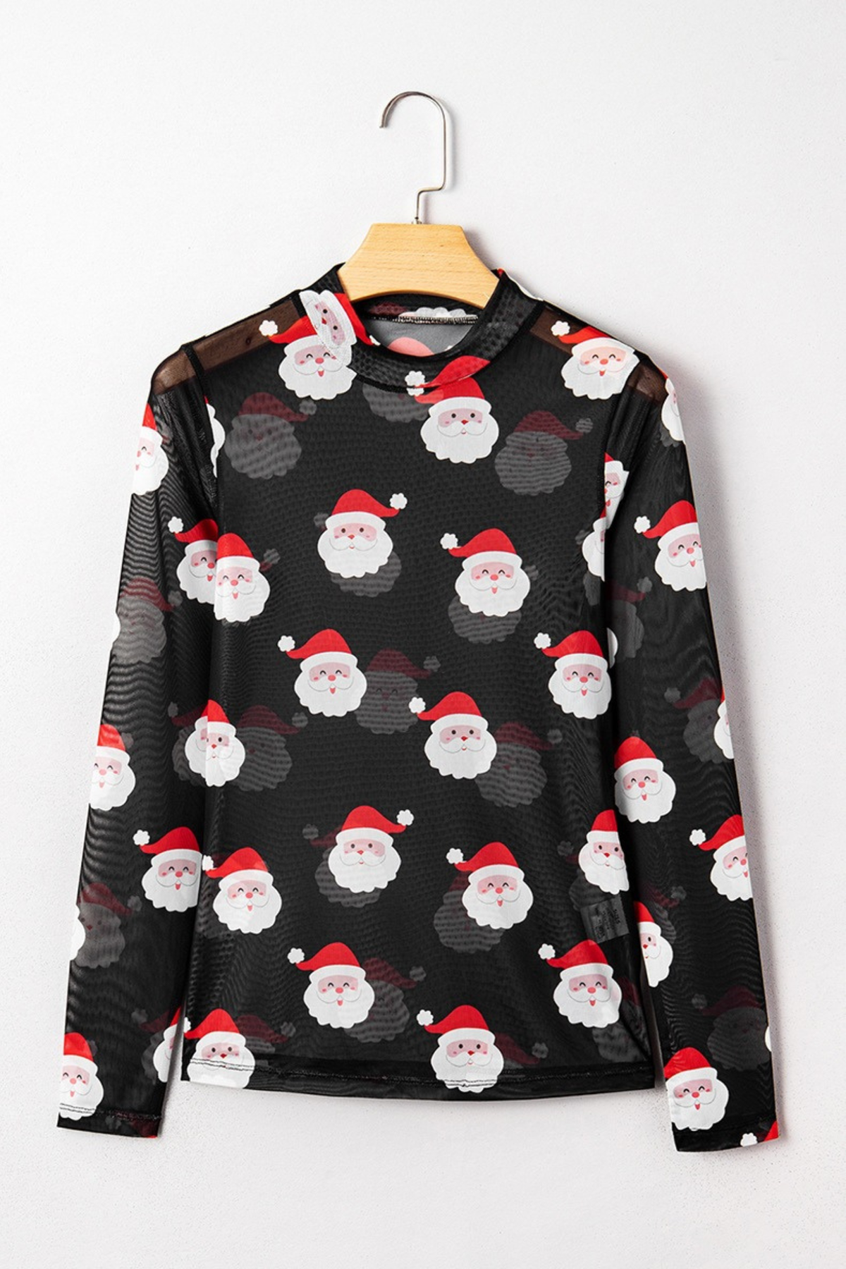 Women's Sheer Mesh Christmas Mock Neck Long Sleeve Top