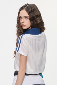 Women’s Cropped Color Block Striped Polo V-Neck  T-Shirt