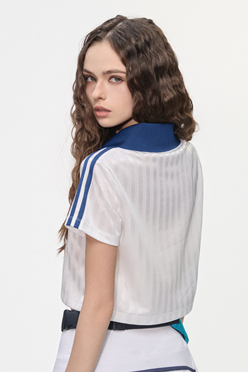 Women’s Cropped Color Block Striped Polo V-Neck  T-Shirt
