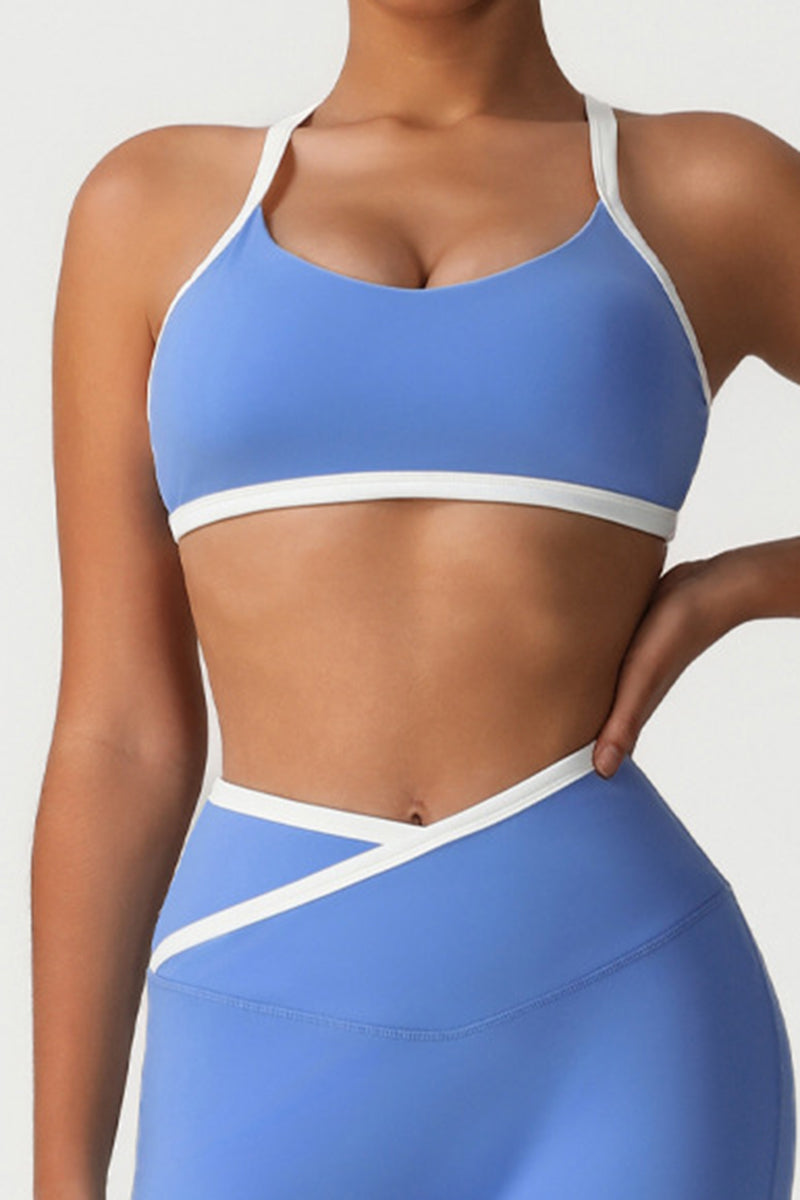 Trimmed crossover back bra & high waist sports leggings 2-piece set