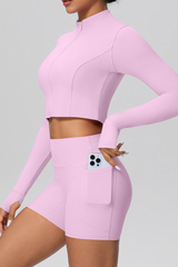 Women's Sport Set:Mock Neck Jacket And Side Pocket Shorts