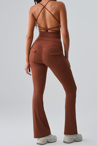 Women's Spaghetti Strap Sports Bra & Pocket Yoga Flare Pants Set