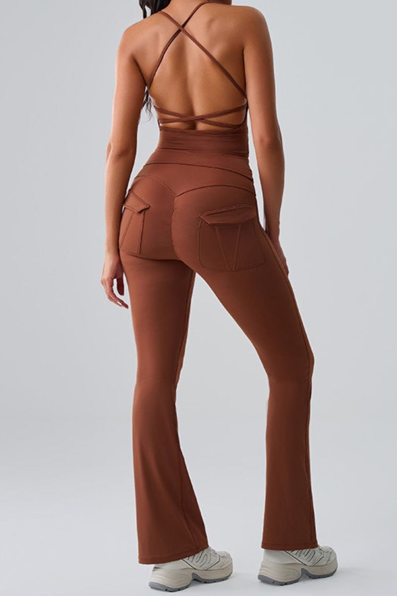 Women's Spaghetti Strap Sports Bra & Pocket Yoga Flare Pants Set