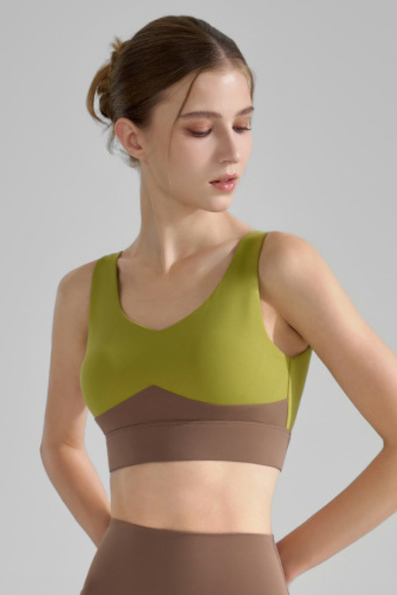 Women's Wide Strap Color-Block V-Neck Sports Bra