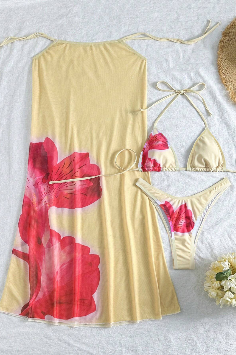 Women's Floral Triangle Cup Halter 3 Piece Bikini Set