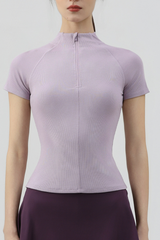 Women's Half Zip Stand Collar Slim Fit Short Sleeve Top