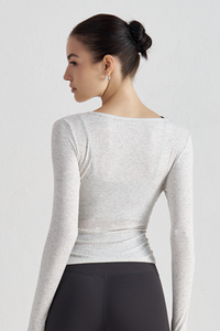 Women's Pleated Slim Fit Crew Neck Long Sleeves Sports Top
