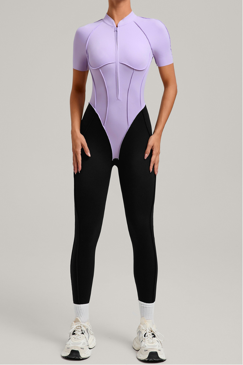 Women's Athletic Stand Collar Color Block Yoga Jumpsuit