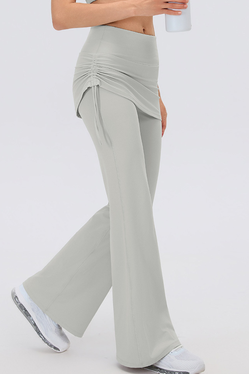 Women's Fake 2-Piece Skort Overlay Ruched Flare Yoga Pants
