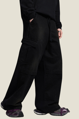 Unisex Solid Spray Dye Cargo - Wide Leg Patchwork Pants