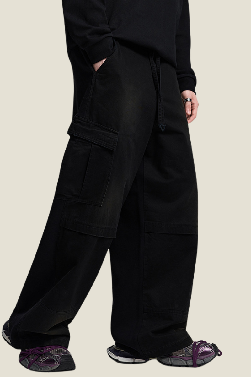 Unisex Solid Spray Dye Cargo - Wide Leg Patchwork Pants