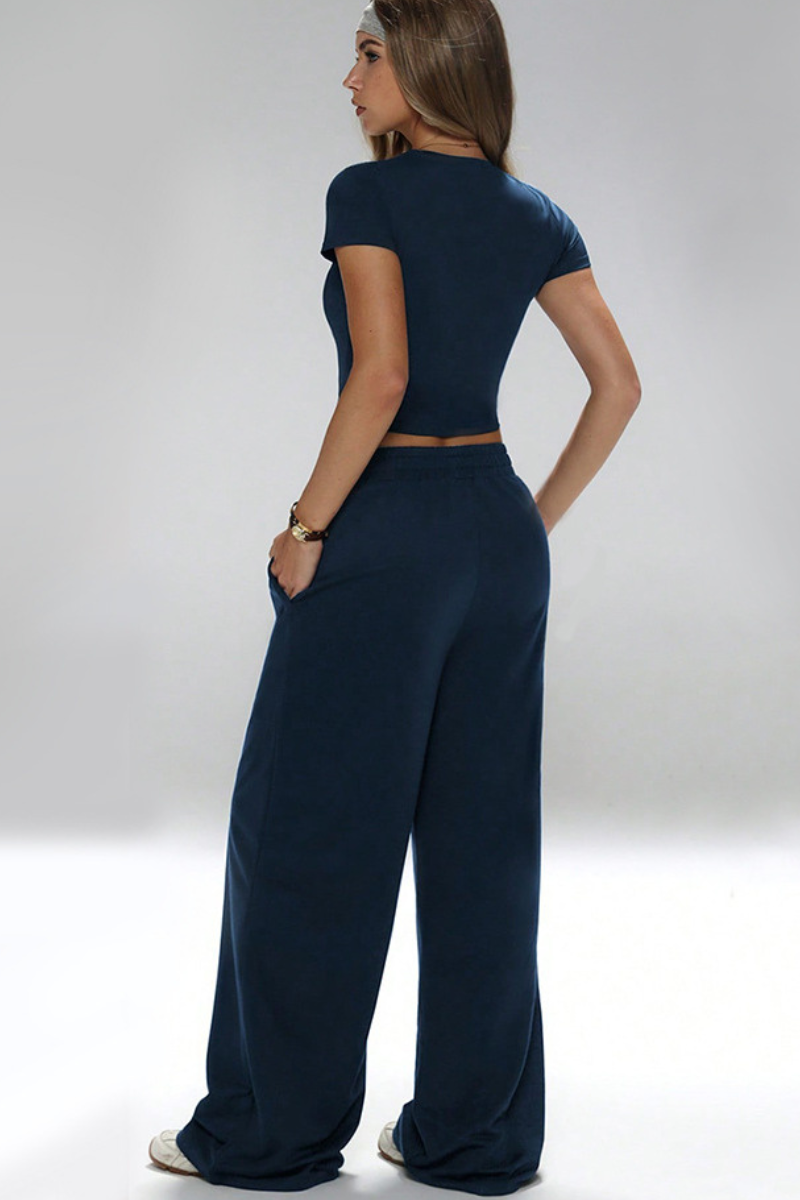 Short-sleeved top paired with wide-leg pants set
