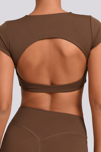 Women's Athletic Cut Out Back Cropped Solid T-shirt